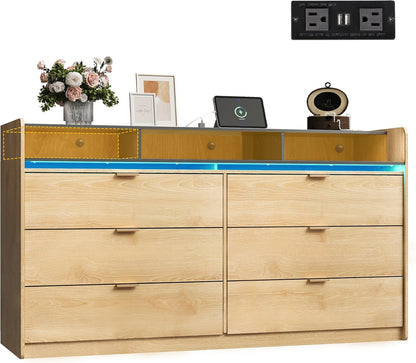 9 Drawer LED Dresser For Bedroom, 58.35 In. Wide Wood Dresser Storage Organizer With Power Outlets For 65 In. TV, Dressers With Open Shelves