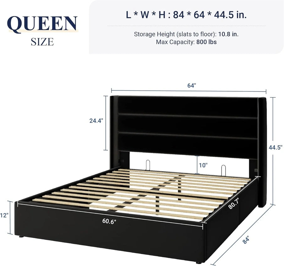 Allewie Queen Size Lift Up Storage Bed, Modern Wingback Headboard, Hydraulic Support, No Box Spring Needed, Light Beige