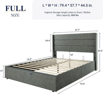 Allewie Queen Size Lift Up Storage Bed, Modern Wingback Headboard, Hydraulic Support, No Box Spring Needed, Light Beige