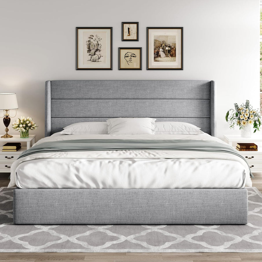 Allewie Queen Size Lift Up Storage Bed, Modern Wingback Headboard, Hydraulic Support, No Box Spring Needed, Light Beige