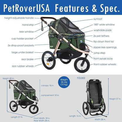 Jogging Sports Stroller With Comfort Rubber Wheels/Zipper-Less Entry/1-Hand Quick Fold/Aluminum Frame For Small/Medium Dogs, Cats And Pets, Green Camo