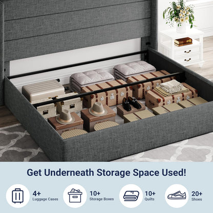 Allewie Queen Size Lift Up Storage Bed, Modern Wingback Headboard, Hydraulic Support, No Box Spring Needed, Light Beige