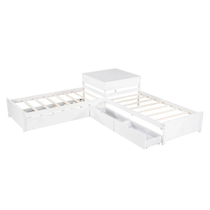 White Modern Twin Size L-Shaped Platform Bed With Trundle And Drawers For Bedroom