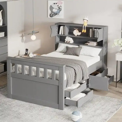 Twin/Full Size Captain Platform Bed With 4 Drawers And Storage Shelves, Solid Wood Bed Frame With Storage Bookcase Headboard