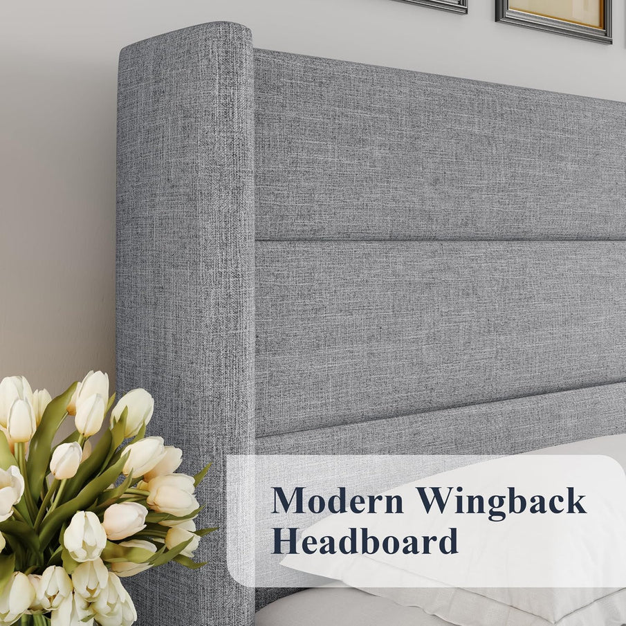 Allewie Queen Size Lift Up Storage Bed, Modern Wingback Headboard, Hydraulic Support, No Box Spring Needed, Light Beige