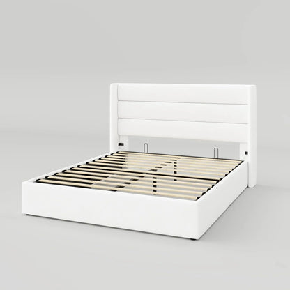 Allewie Queen Size Lift Up Storage Bed, Modern Wingback Headboard, Hydraulic Support, No Box Spring Needed, Light Beige