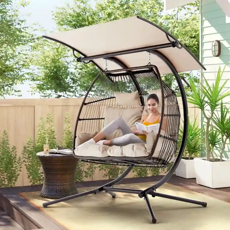 Outdoor Swing Loveseat With Stand, Foldable Hanging Chair, Hammock Cushion, And Awning, Double Egg Chair, Beige
