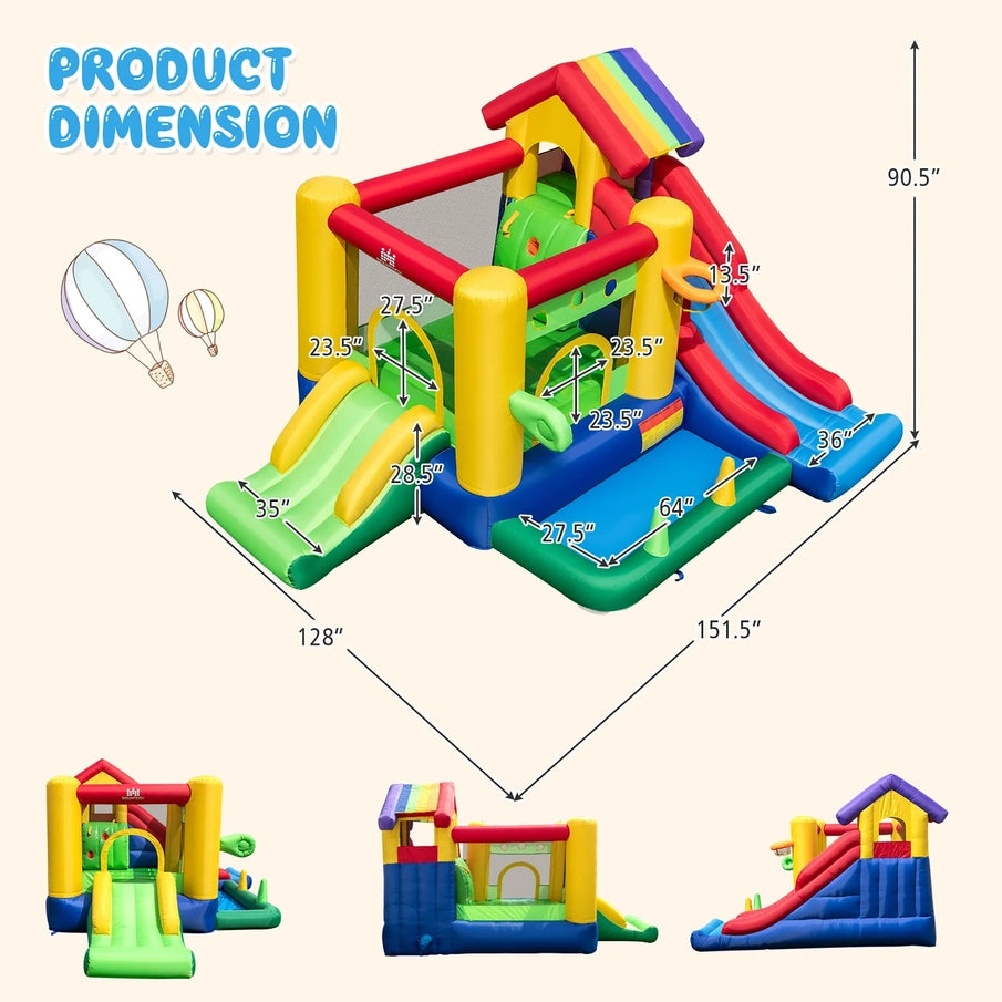 Costway Colorful Rainbow Kids Inflatable Bounce Castle With 50 Ocean Balls And 735W Blower