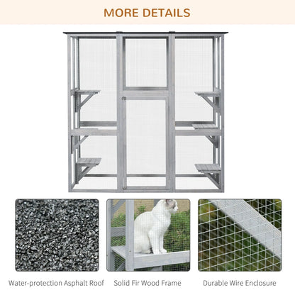 PawHut Wooden Catio Enclosure With Weather Protection, 6 Platforms, Outdoor, Large, 71 In. x 38.5 In. x 71 In