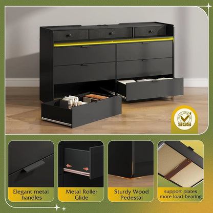 9 Drawer LED Dresser For Bedroom, 58.35 In. Wide Wood Dresser Storage Organizer With Power Outlets For 65 In. TV, Dressers With Open Shelves