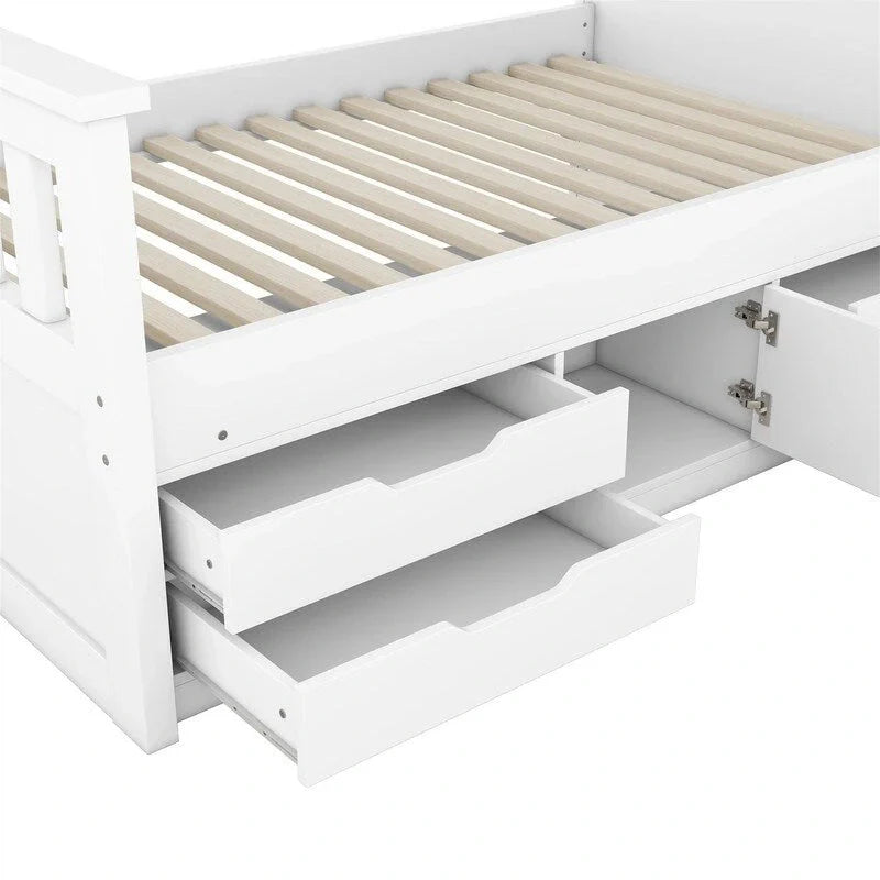 Twin/Full Size Captain Platform Bed With 4 Drawers And Storage Shelves, Solid Wood Bed Frame With Storage Bookcase Headboard