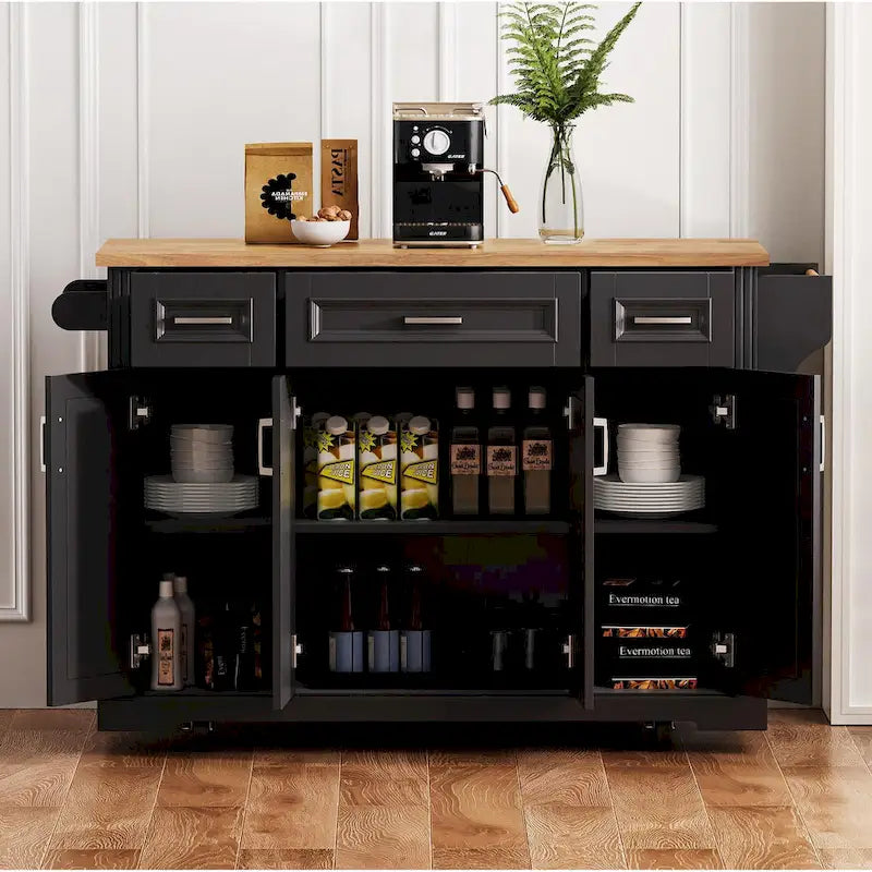 54 Large Kitchen Island With Rubber Wood Drop Leaf, Embossed Texture Rolling Kitchen Cart On 4 Wheels With 4 Doors And 3 Drawers