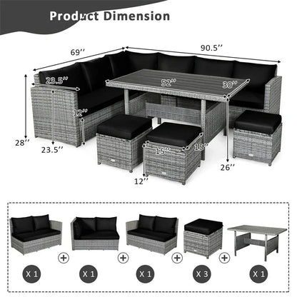 7 Pcs Rattan Patio Dining Furniture Sectional Sofa Set With Dining Table, Ottomans And Cushions