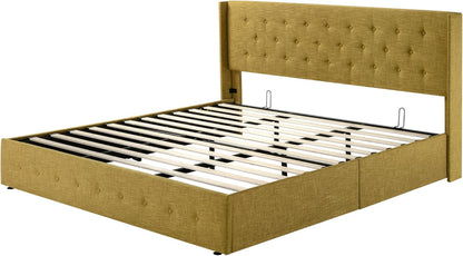 Allewie Queen Size Lift Up Storage Bed, Modern Wingback Headboard, Hydraulic Support, No Box Spring Needed, Light Beige