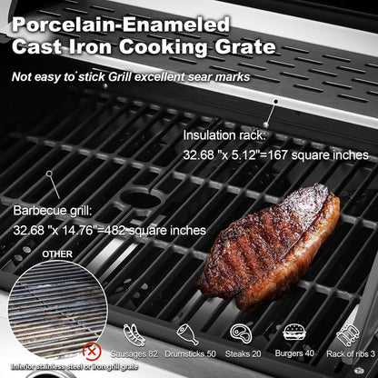 Upgraded 4 Burner Bbq Propane Gas Grill With Cast Iron Grates And Side Stove, 44,000 BTU Stainless Steel Burner Barbecue Grill For Patio