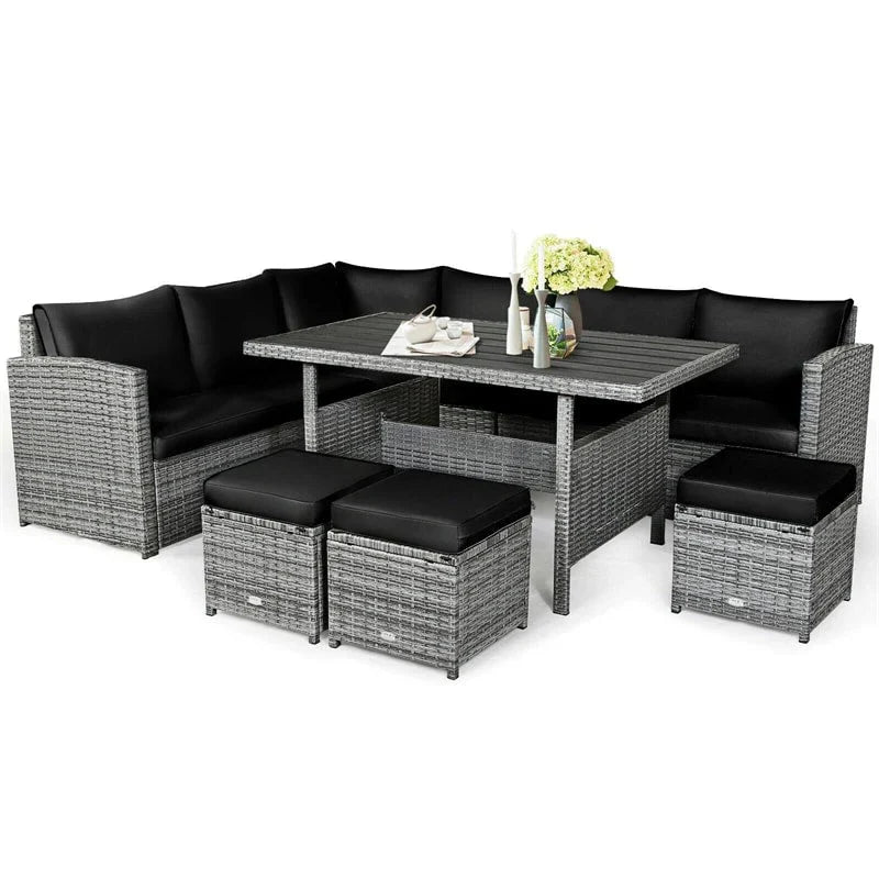 7 Pcs Rattan Patio Dining Furniture Sectional Sofa Set With Dining Table, Ottomans And Cushions