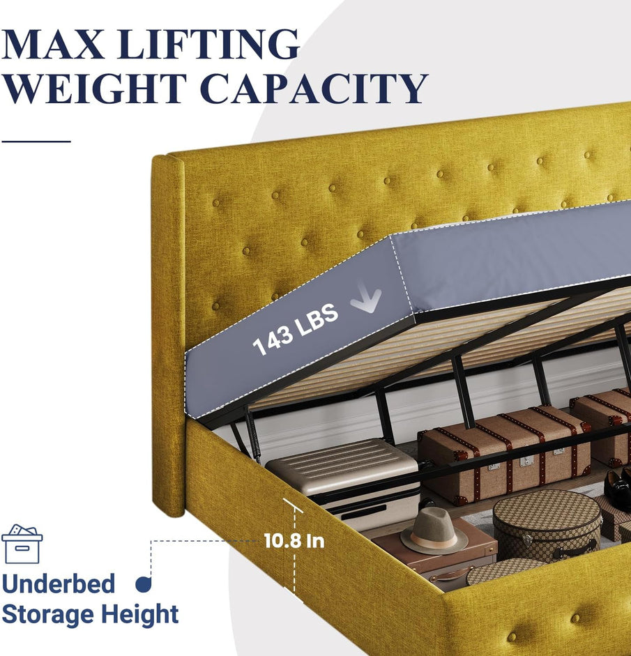 Allewie Queen Size Lift Up Storage Bed, Modern Wingback Headboard, Hydraulic Support, No Box Spring Needed, Light Beige