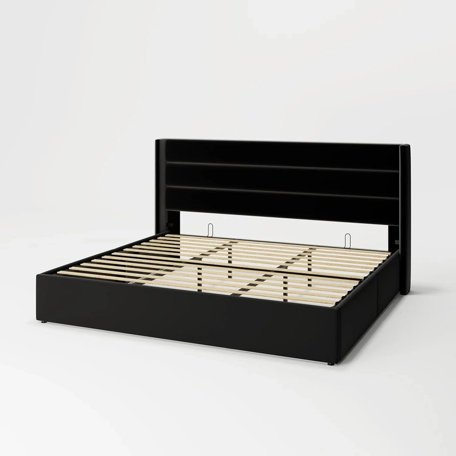 Allewie Queen Size Lift Up Storage Bed, Modern Wingback Headboard, Hydraulic Support, No Box Spring Needed, Light Beige