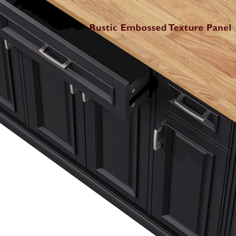54 Large Kitchen Island With Rubber Wood Drop Leaf, Embossed Texture Rolling Kitchen Cart On 4 Wheels With 4 Doors And 3 Drawers