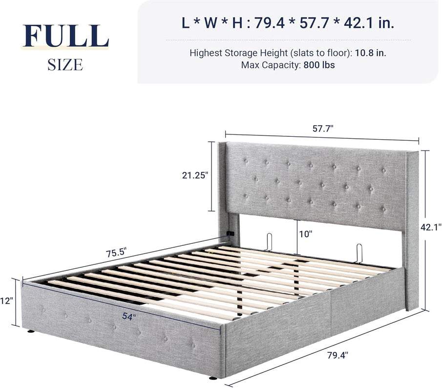 Allewie Queen Size Lift Up Storage Bed, Modern Wingback Headboard, Hydraulic Support, No Box Spring Needed, Light Beige