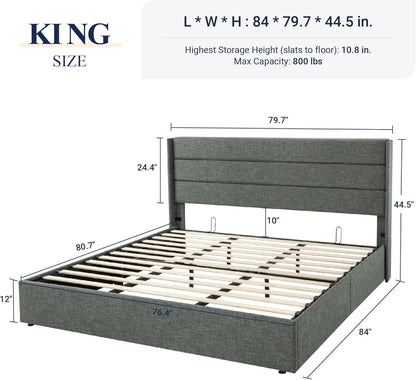 Allewie Queen Size Lift Up Storage Bed, Modern Wingback Headboard, Hydraulic Support, No Box Spring Needed, Light Beige