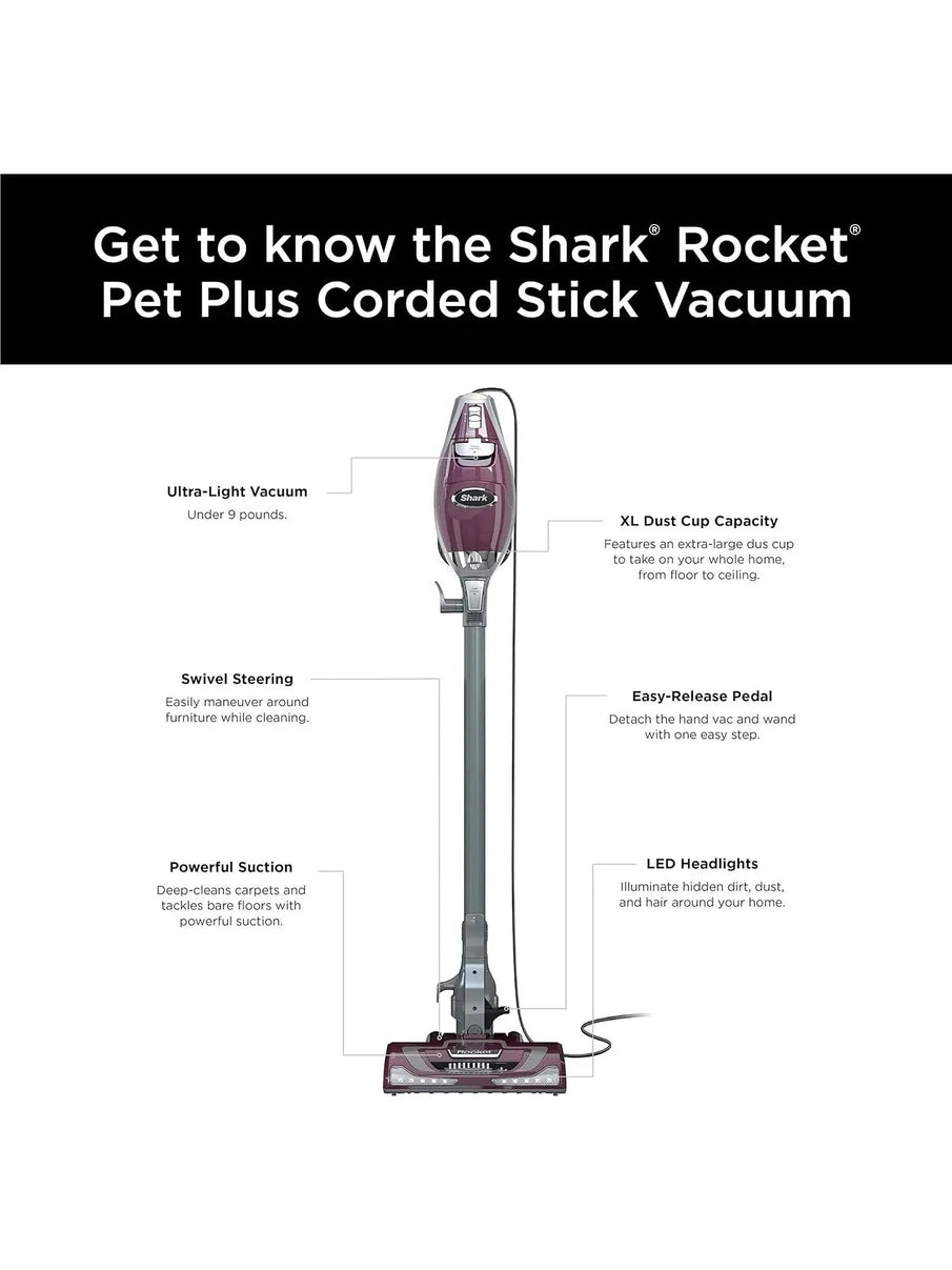 Shark HV322 Rocket Deluxe Pro Corded Stick Vacuum With LED Headlights, XL Dust Cup, Lightweight, For Pet Hair Pickup, Converts To A Hand Vacuum