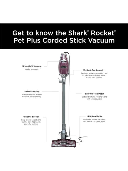 Shark HV322 Rocket Deluxe Pro Corded Stick Vacuum With LED Headlights, XL Dust Cup, Lightweight, For Pet Hair Pickup, Converts To A Hand Vacuum