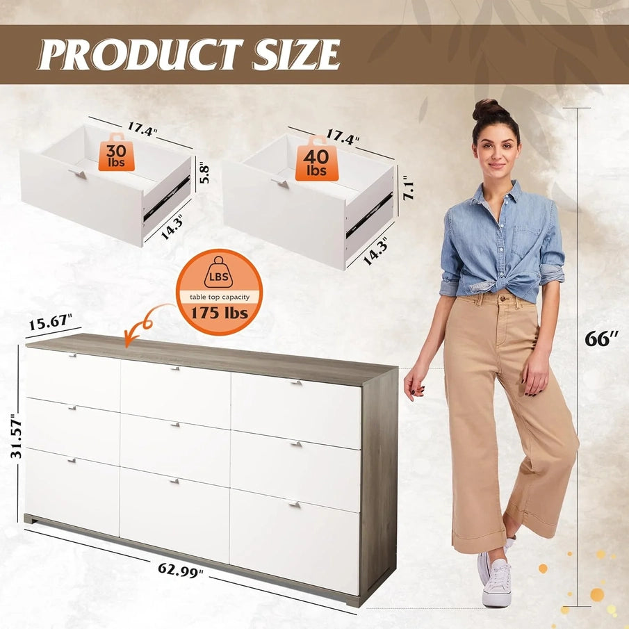 9 Drawer LED Dresser For Bedroom, 58.35 In. Wide Wood Dresser Storage Organizer With Power Outlets For 65 In. TV, Dressers With Open Shelves