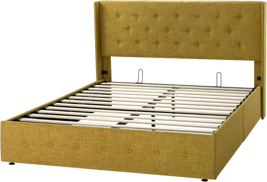 Allewie Queen Size Lift Up Storage Bed, Modern Wingback Headboard, Hydraulic Support, No Box Spring Needed, Light Beige