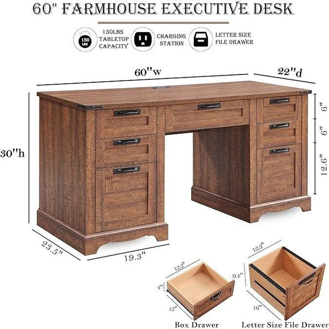 60 Farmhouse Executive Desk, Wood Home Office Desk, Computer Desk