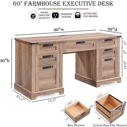 60 Farmhouse Executive Desk, Wood Home Office Desk, Computer Desk