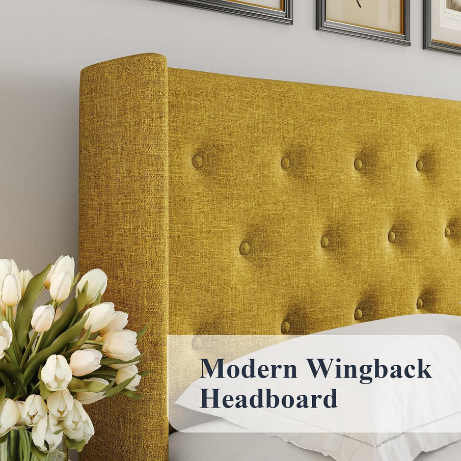 Allewie Queen Size Lift Up Storage Bed, Modern Wingback Headboard, Hydraulic Support, No Box Spring Needed, Light Beige