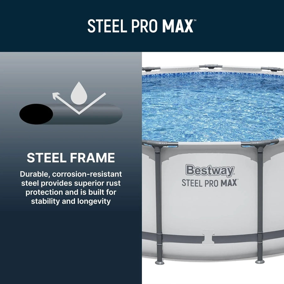 Steel Pro MAX 14 Ft. x 48 In. Round Metal Frame Above Ground Outdoor Swimming Pool Set With 1,000 Filter Pump, Ladder, And Cover, Gray