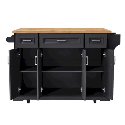 54 Large Kitchen Island With Rubber Wood Drop Leaf, Embossed Texture Rolling Kitchen Cart On 4 Wheels With 4 Doors And 3 Drawers