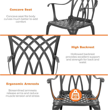 Nuu Garden Bistro Set 3 Piece Outdoor Cast Aluminum Patio Bistro Set Patio Table And Chairs Set Of 2 With Umbrella Hole And Gray Cushions, Black