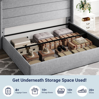 Allewie Queen Size Lift Up Storage Bed, Modern Wingback Headboard, Hydraulic Support, No Box Spring Needed, Light Beige