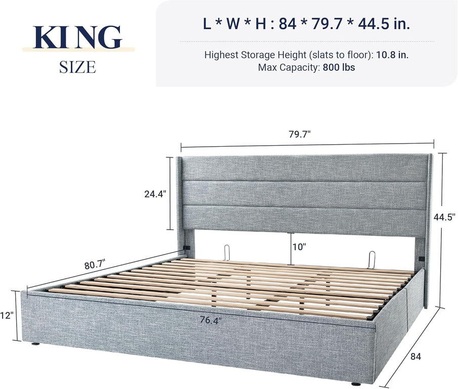 Allewie Queen Size Lift Up Storage Bed, Modern Wingback Headboard, Hydraulic Support, No Box Spring Needed, Light Beige