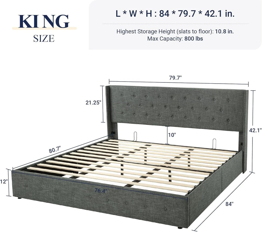 Allewie Queen Size Lift Up Storage Bed, Modern Wingback Headboard, Hydraulic Support, No Box Spring Needed, Light Beige