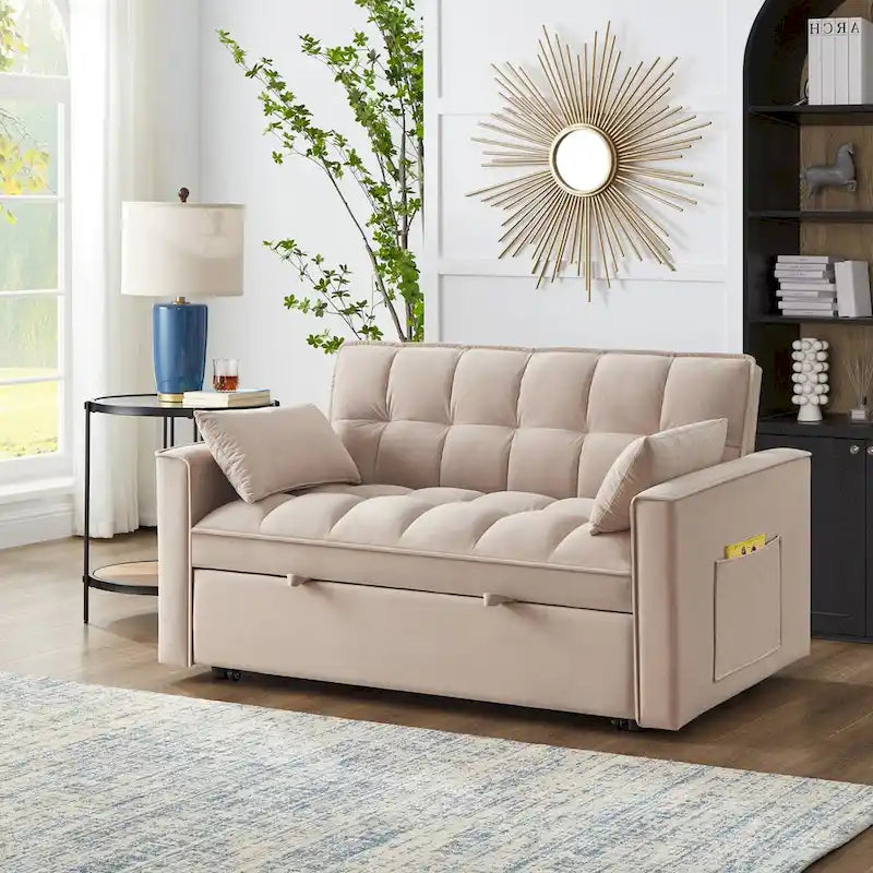 4-in-1 Pull-Out Sleeper Sofa Bed, Loveseat In Velvet-Convertible Couch Bed With Reclining Backrest,2 Side Pockets