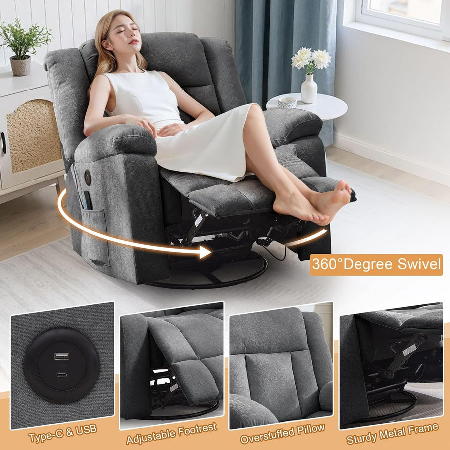 Rocker Recliner, Glider Recliner Chairs For Adults, 360 Degree Swivel Rocking Chair With Massage And Heating