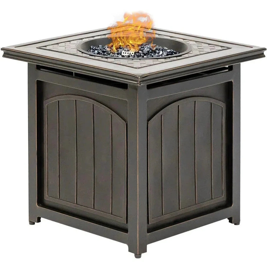 5-piece Steel Patio Fire Pit Seating Set With Navy Blue Cushions, Swivel Gliders And Square Fire Pit Table
