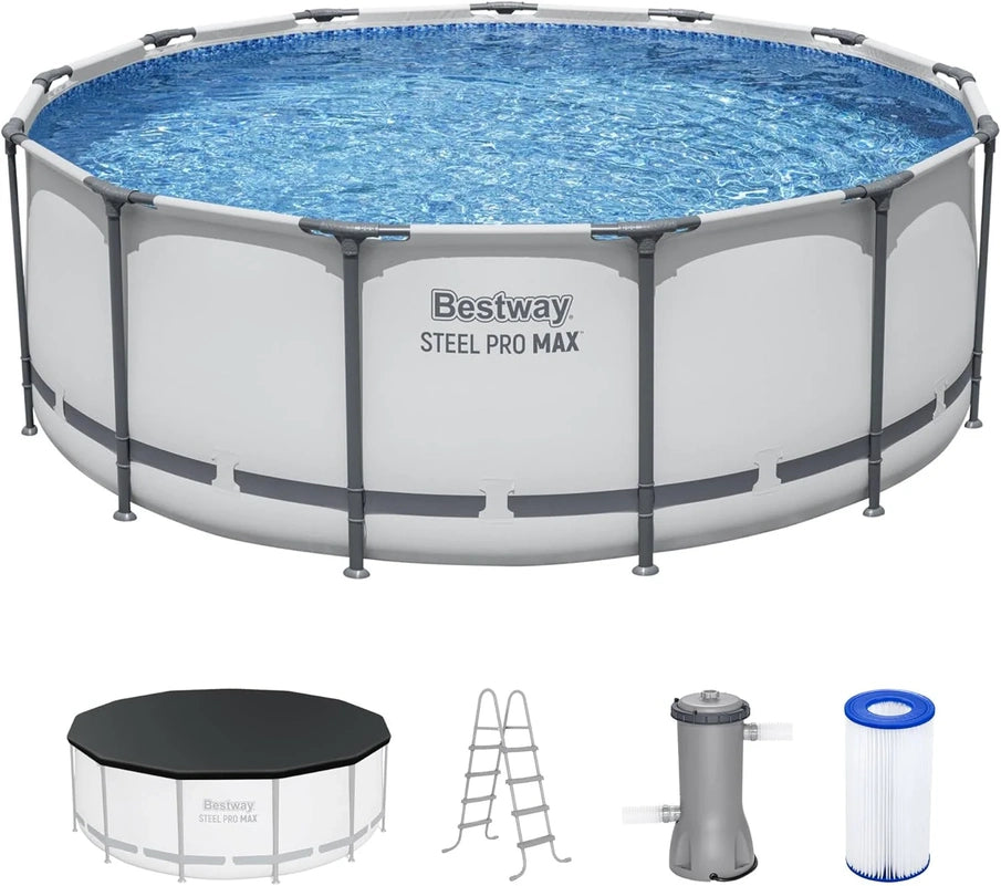 Steel Pro MAX 14 Ft. x 48 In. Round Metal Frame Above Ground Outdoor Swimming Pool Set With 1,000 Filter Pump, Ladder, And Cover, Gray