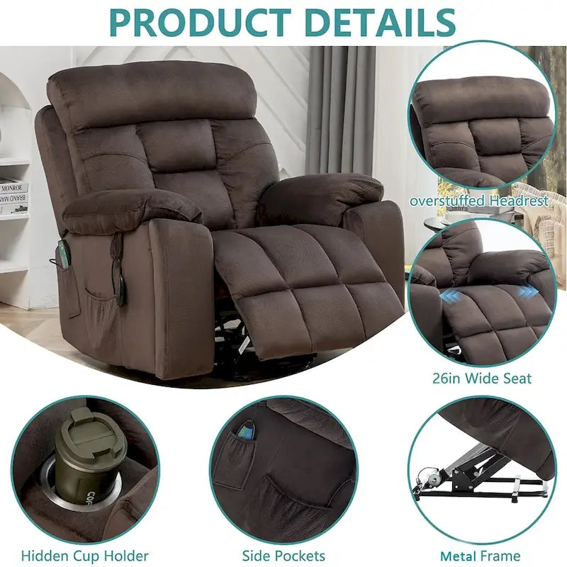 Large Electric Massage Lift Recliner With Heat, Hidden Cup Holder