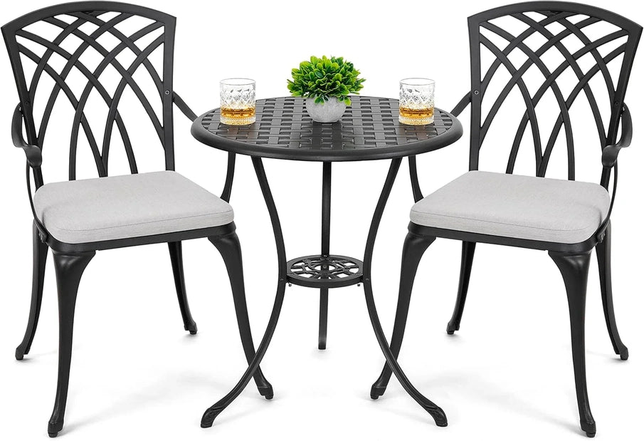 Nuu Garden Bistro Set 3 Piece Outdoor Cast Aluminum Patio Bistro Set Patio Table And Chairs Set Of 2 With Umbrella Hole And Gray Cushions, Black