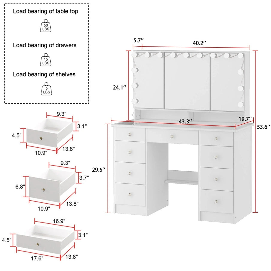 Makeup Vanity w/Tri-Fold Mirror Certified Lighting Glass Top Dresser