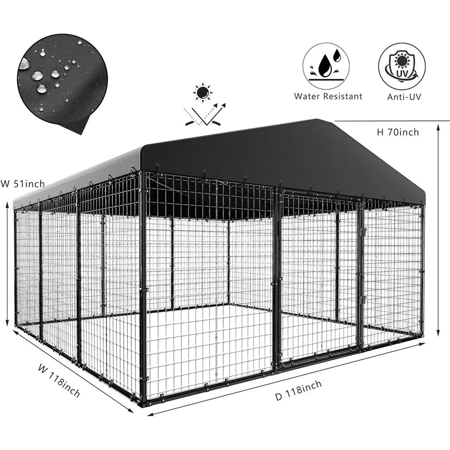 W 118 x D 118 x H 70 Large Outdoor Dog Kennel, Heavy Duty Dog Cage Enclosure With Waterproof Roof