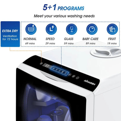 Portable Countertop Dishwasher With 5-Liter Built-In Water Tank And Air-Dry Function, 5 Washing Programs