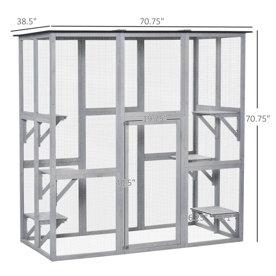 PawHut Wooden Catio Enclosure With Weather Protection, 6 Platforms, Outdoor, Large, 71 In. x 38.5 In. x 71 In