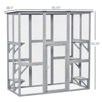 PawHut Wooden Catio Enclosure With Weather Protection, 6 Platforms, Outdoor, Large, 71 In. x 38.5 In. x 71 In