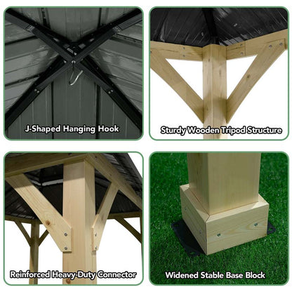 10 x 10 Ft. Outdoor Patio Hardtop Gazebo With Wood Frame And 2-Tier Metal Roof, All-Weather Gazebo Pergolas Shelter